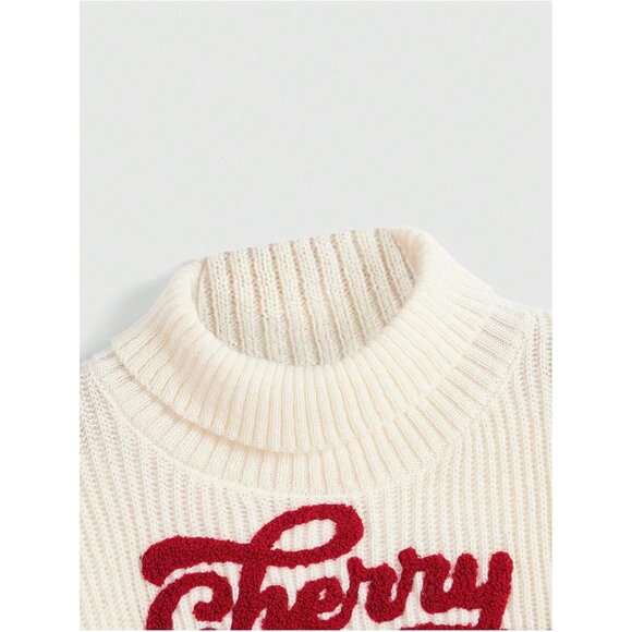 Women's Cherry Embroidered Turtleneck Sweater Knit Long Sleeve Top Casual - Picture 4 of 5
